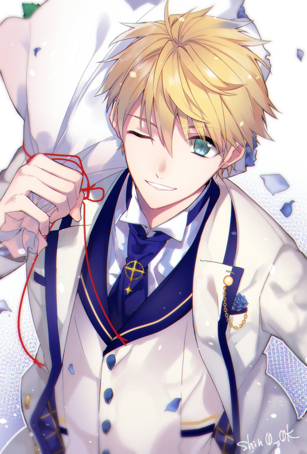 1boy, ;d, ahoge, arthur_pendragon_(fate), arthur_pendragon_(white_rose)_(fate), blonde_hair, blue_flower, blue_necktie, bouquet, collared_shirt, commentary_request, fate/grand_order, fate/prototype, fate/prototype:_fragments_of_blue_and_silver, fate_(series), flower, formal_clothes, green_eyes, hair_between_eyes, highres, holding, holding_bouquet, jacket, long_sleeves, looking_at_viewer, male_focus, necktie, official_alternate_costume, one_eye_closed, open_mouth, petals, sasasaki, shirt, short_hair, smile, solo, striped_clothes, striped_shirt, suit, teeth, tie_clip, upper_body, vertical-striped_clothes, vertical-striped_shirt, vest, waistcoat, white_jacket, white_suit
