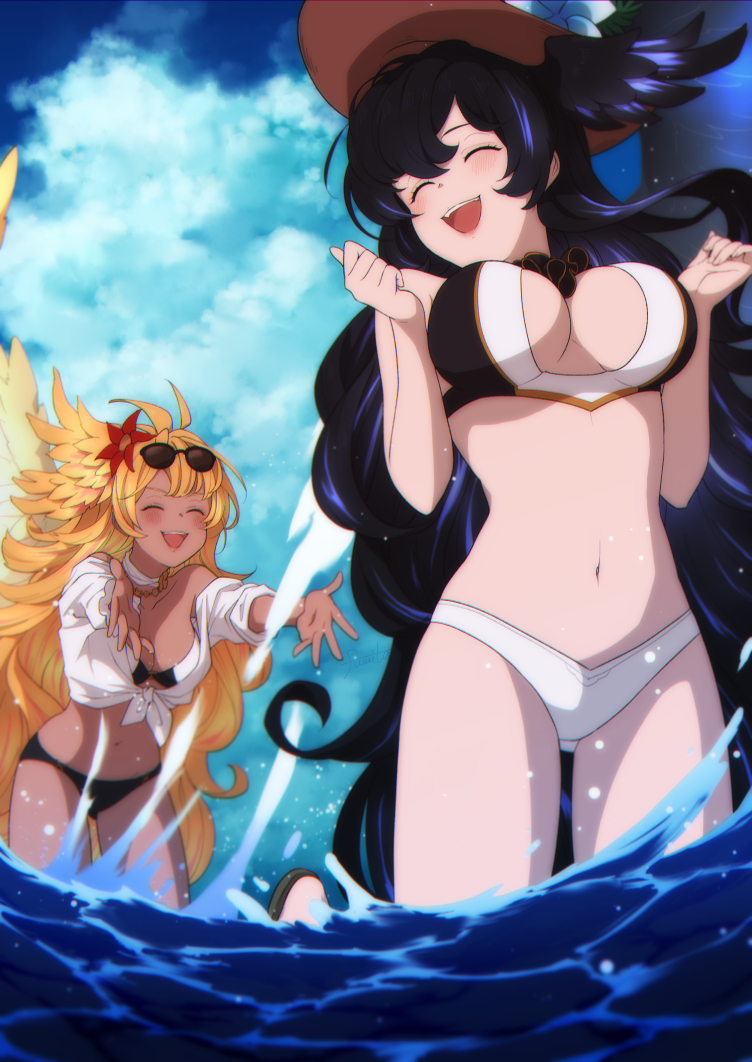 2girls, bikini, black_hair, blonde_hair, blush, breasts, choker, cleavage