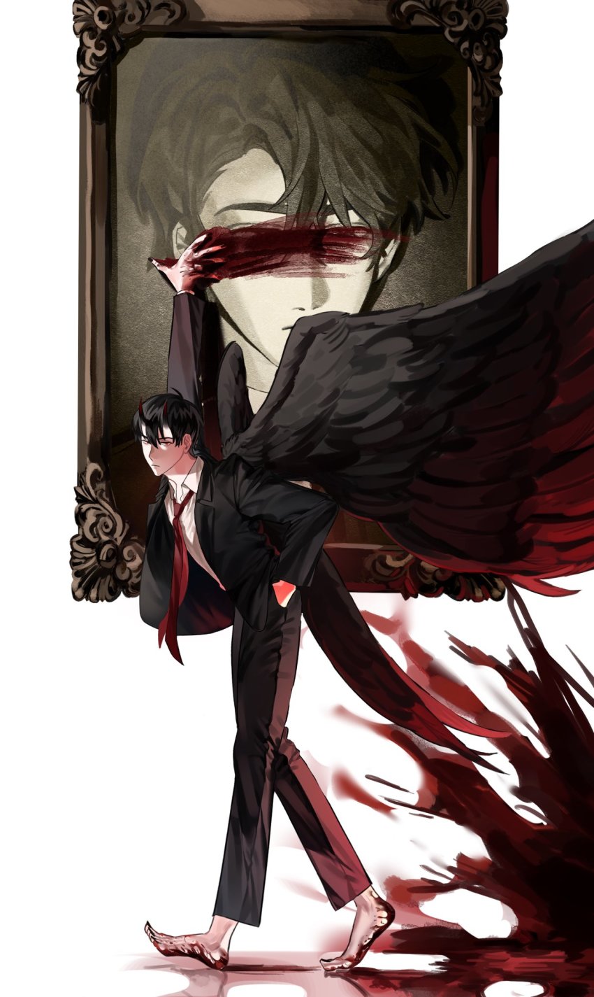 1boy, arm_up, barefoot, black_hair, black_jacket, black_pants, black_wings, blood, blood_on_feet, blood_on_hands, blood_splatter, closed_mouth, commentary, demon_horns, english_commentary, feathered_wings, formal_clothes, frown, full_body, hand_in_pocket, highres, horns, jacket, kim_dokja, long_sleeves, looking_at_viewer, male_focus, necktie, omniscient_reader's_viewpoint, open_clothes, open_jacket, painting_(object), pants, picture_frame, portrait_(object), red_necktie, short_hair, simple_background, ssssyoon, standing, suit, suit_jacket, white_background, wings, yoo_joonghyuk