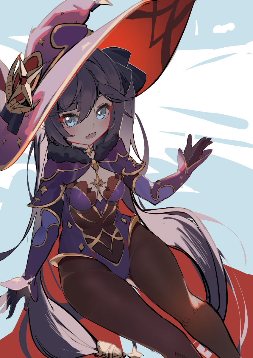 1girl, absurdres, armor, black_gloves, black_hair, blue_eyes, blue_leotard, brown_pantyhose