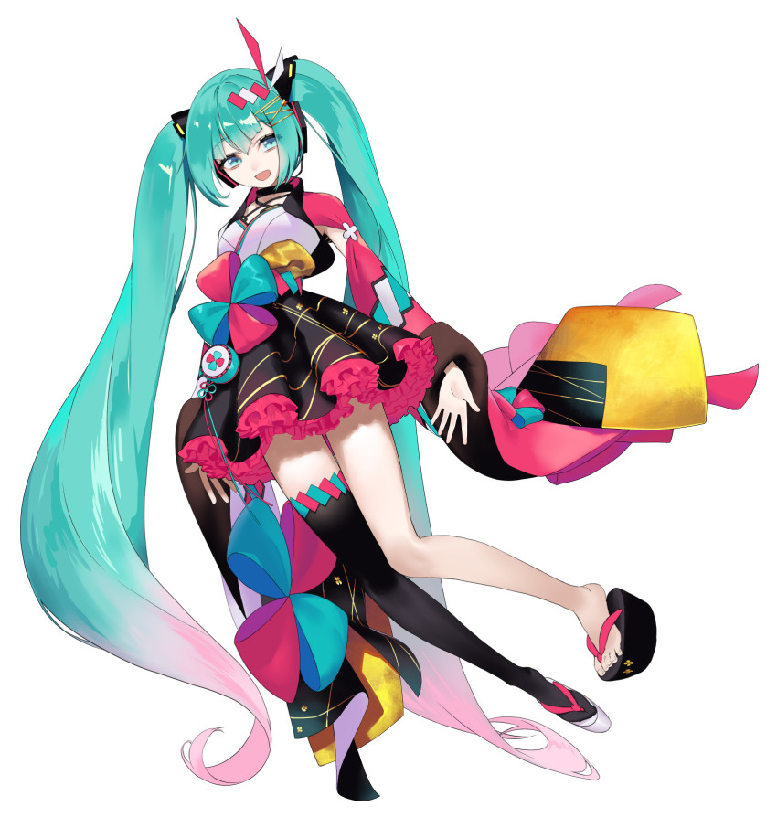 1girl, :d, aqua_bow, aqua_hair, armpits, arms_at_sides, asymmetrical_bangs, bad_id