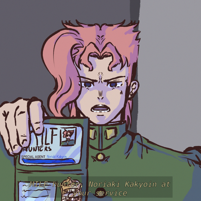 1boy, jojo_no_kimyou_na_bouken, kakyoin_noriaki, kakyoin_the_milf_hunter, male_focus, meme, stardust_crusaders