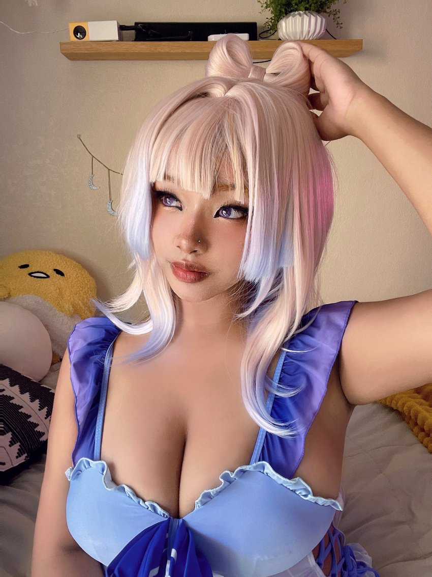 1girl, absurdres, arm_up, bed, breasts, clothes, cosplay, face_piercing