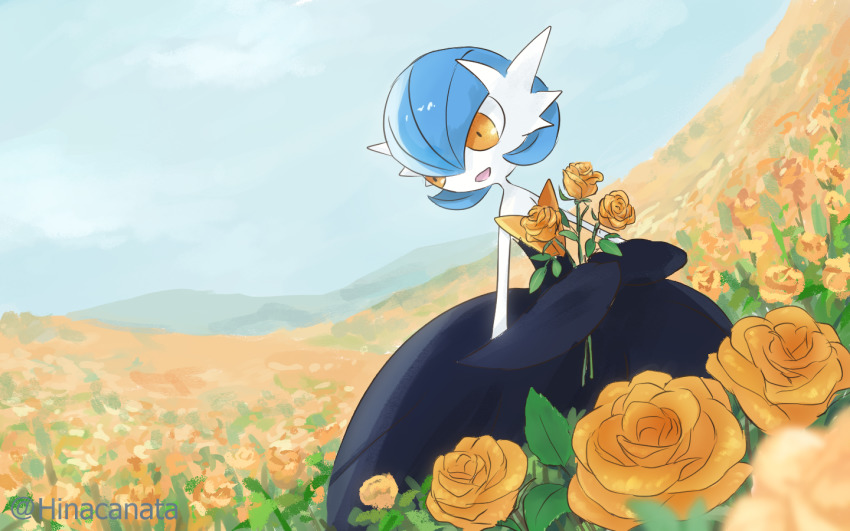 1girl, alternate_color, artist_name, blue_sky, day, dutch_angle, female_focus, field