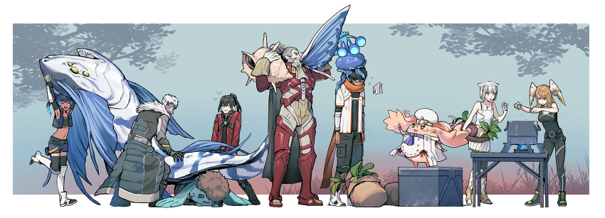 4girls, 5boys, animal, animal_ears, animal_on_head, armor, beard, cat_ears