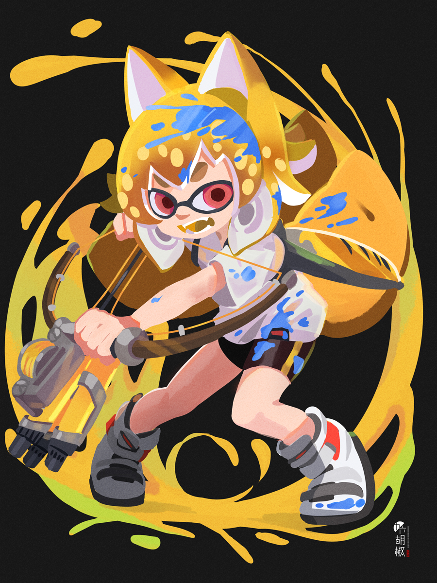 1girl, animal_ears, bike_shorts, black_background, black_shorts, blonde_hair, bow_(weapon), commentary_request, fangs, fox_ears, fox_girl, fox_tail, highres, holding, holding_bow_(weapon), holding_weapon, indie_virtual_youtuber, inkling, inkling_player_character, kamiya_ris, kuro_kosyou, looking_at_viewer, nintendo, open_mouth, paint, red_eyes, shirt, shoes, short_eyebrows, short_shorts, short_sleeves, shorts, solo, splatoon_(series), splatoon_3, tail, thick_eyebrows, virtual_youtuber, weapon, white_shirt, white_shoes