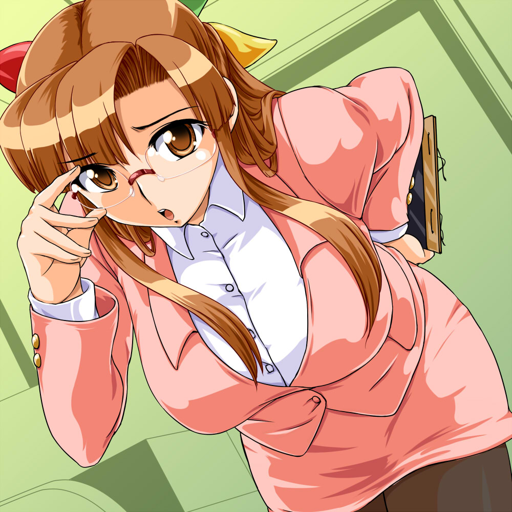 1girl, 95-tan, adjusting_eyewear, bespectacled, blazer, breasts, brown_eyes, brown_hair