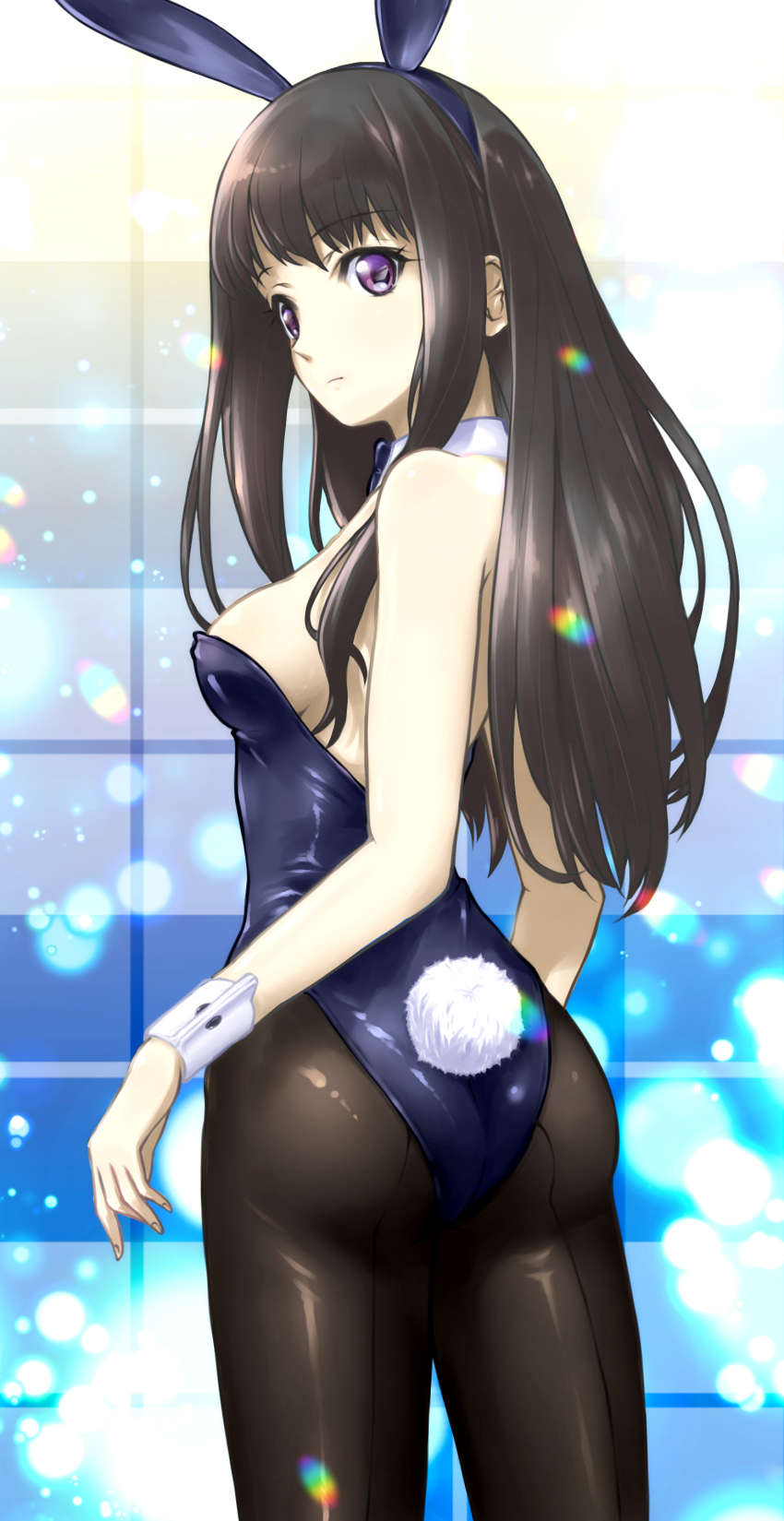 1girl, absurdres, animal_ears, ass, back-seamed_pantyhose, black_hair, black_pantyhose, blue_bow
