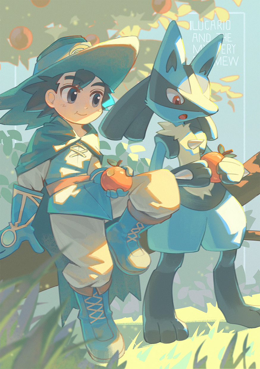 1boy, :t, ash_ketchum, black_hair, blue_footwear, blue_gloves, blue_tunic, boots, branch, closed_mouth, commentary_request, copyright_name, day, eating, food, fruit, gen_4_pokemon, gloves, grey_eyes, hat, highres, holding, holding_food, holding_fruit, koken_j, leg_up, lucario, male_focus, nintendo, outdoors, pants, pokemon, pokemon:_lucario_and_the_mystery_of_mew, pokemon_(anime), pokemon_the_series:_ruby_and_sapphire, short_hair, smile, tunic