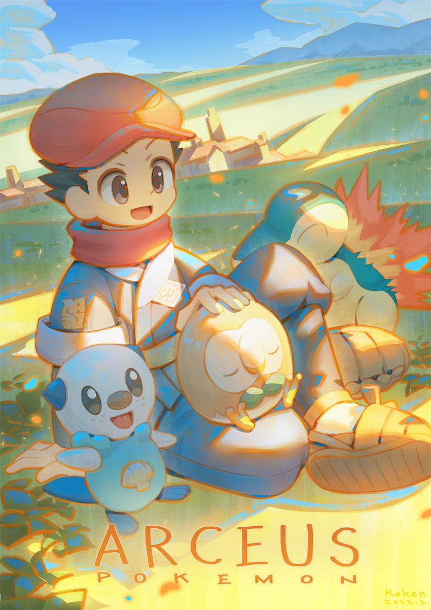 1boy, :d, black_hair, building, cloud, commentary_request, copyright_name, cyndaquil, day, gen_2_pokemon, gen_5_pokemon, gen_7_pokemon, hat, highres, hill, jacket, koken_j, logo, male_focus, nintendo, on_lap, open_mouth, oshawott, outdoors, pants, pokemon, pokemon_(creature), pokemon_legends:_arceus, pokemon_on_lap, red_headwear, red_scarf, rei_(pokemon), rowlet, scarf, shirt, shoes, short_hair, sitting, sky, smile