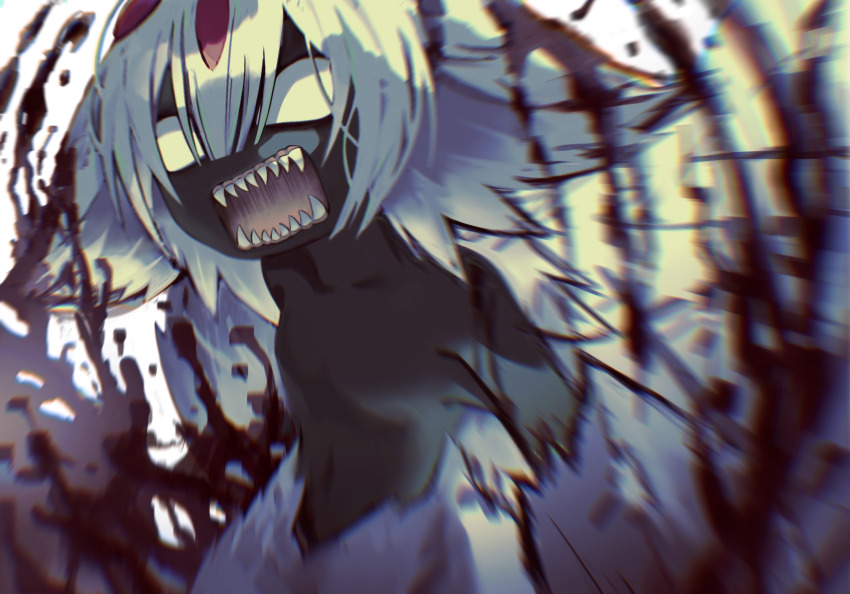 1girl, animal_ears, blank_eyes, blood, blood_spray, blurry, breasts, chinese_commentary, chromatic_aberration, commentary, commentary_request, dark-skinned_female, dark_skin, depth_of_field, english_commentary, faputa, frostedmirror, hair_between_eyes, highres, looking_at_viewer, made_in_abyss, medium_hair, mixed-language_commentary, motion_blur, no_nipples, open_mouth, sharp_teeth, small_breasts, solo, teeth, topless_female, upper_body, very_dark_skin, white_fur, white_hair