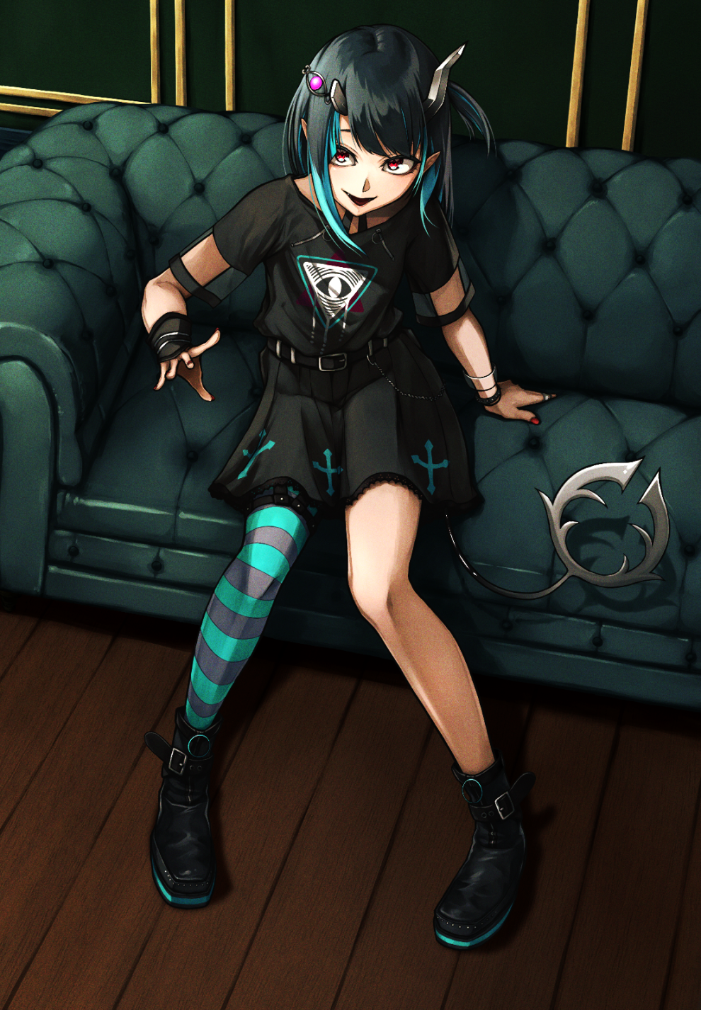1girl, black_boots, black_dress, black_hair, blue_hair, blue_thighhighs, boots, commentary_request, couch, cross, cross_print, demon_girl, demon_horns, demon_tail, dress, eye_hair_ornament, eye_of_providence, fang, flat_chest, full_body, grey_thighhighs, highres, horns, indoors, long_hair, looking_at_viewer, medium_hair, momose_nasukura, multicolored_hair, nail_polish, nanashi_inc., official_alternate_costume, open_mouth, pointy_ears, red_eyes, red_nails, shishio_chris, shishio_chris_(3rd_costume), short_sleeves, single_thighhigh, smile, solo, striped_clothes, striped_thighhighs, tail, thighhighs, two-tone_hair, virtual_youtuber, wristband