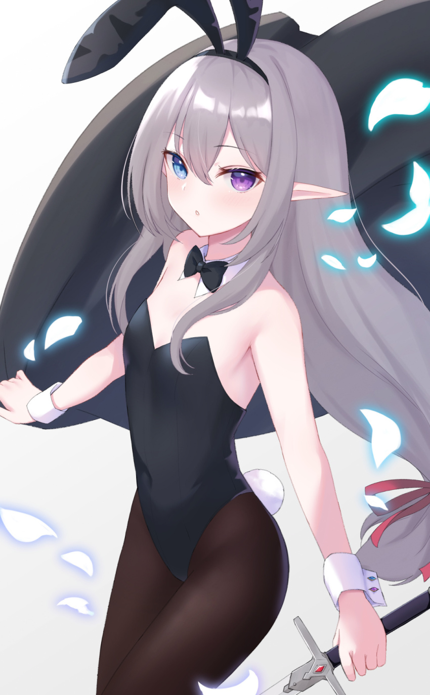 1girl, animal_ears, black_bow, black_bowtie, black_cape, black_leotard, black_pantyhose, blue_eyes