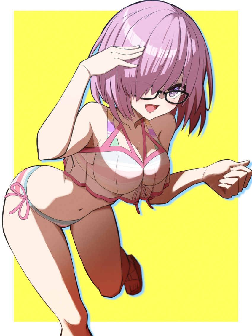 1girl, bikini, black-framed_eyewear, blush, border, breasts, cleavage, commentary_request, fate/grand_order, fate_(series), glasses, hair_over_one_eye, hamao_1, highres, light_purple_hair, looking_at_viewer, mash_kyrielight, mash_kyrielight_(swimsuit_of_perpetual_summer_ver.02), medium_breasts, navel, one_eye_covered, open_mouth, outside_border, purple_eyes, see-through_clothes, short_hair, smile, solo, stomach, striped_bikini, striped_clothes, swimsuit, white_border, yellow_background