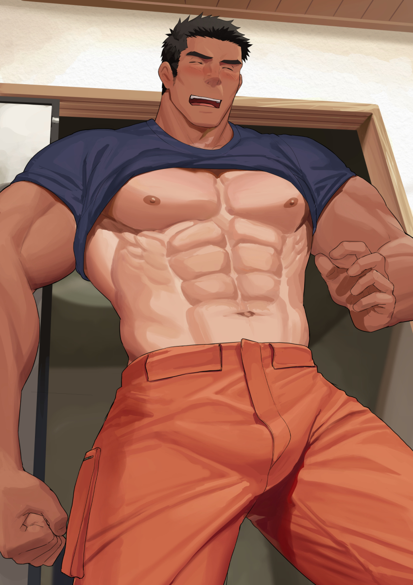 1boy, abs, bara, bare_pectorals, black_hair, black_shirt, closed_eyes, clothes_lift