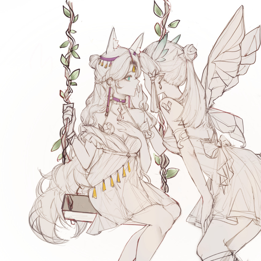 2girls, chihe874, facial_mark, green_eyes, hair_bun, hair_ornament, half_updo, high_ponytail