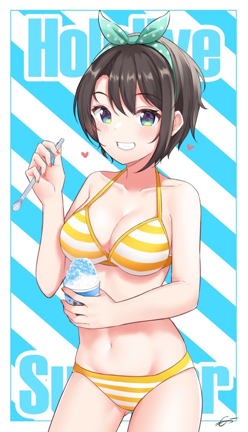 1girl, aqua_eyes, bikini, blue_eyes, blush, bow, bow_hairband, brown_hair