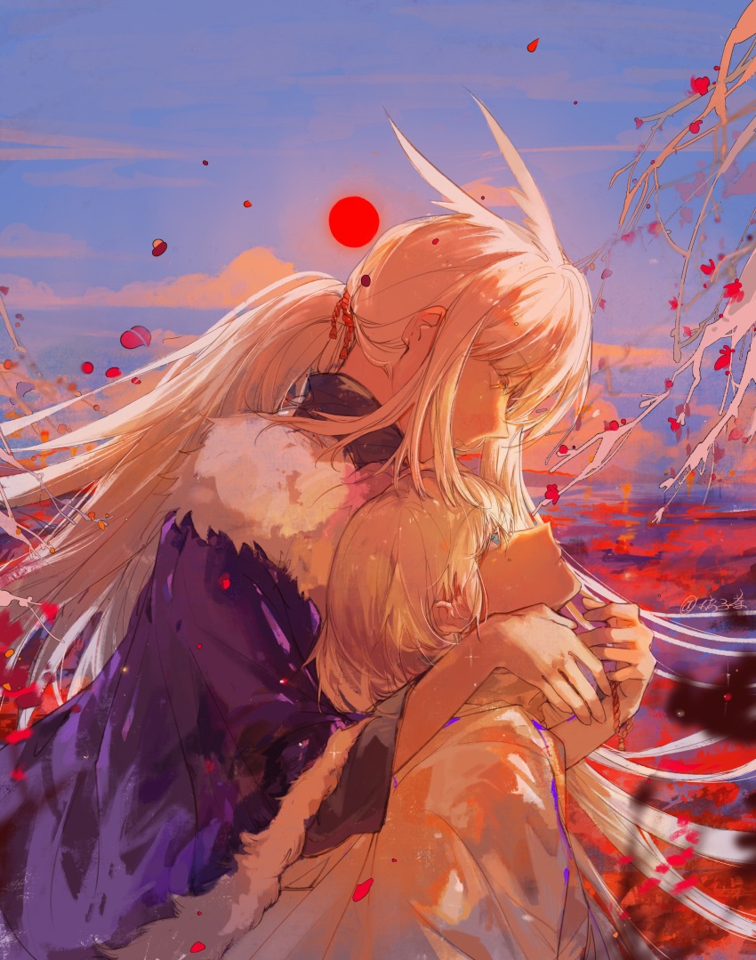 1boy, 1girl, absurdres, bob_cut, daleth_(sky:_children_of_the_light), full_moon, grey_hair, highres