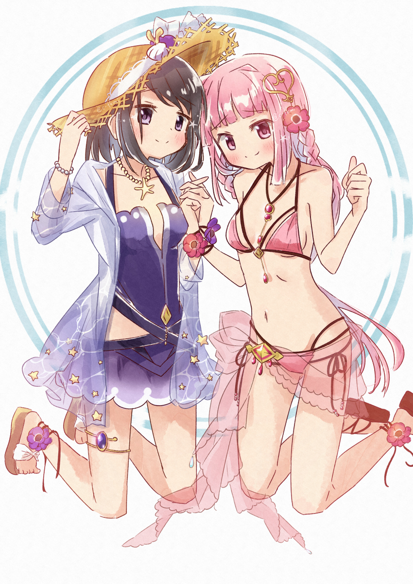 2girls, absurdres, ankleband, bikini, black_ankleband, black_hair, blunt_bangs, blush, braid, breasts, brown_footwear, brown_headwear, casual_one-piece_swimsuit, chokokuro, circle, clothing_cutout, dot_nose, flower, gem, hair_flower, hair_ornament, hands_up, hat, hat_ribbon, heart, heart_hair_ornament, highres, holding_hands, jacket, jewelry, kneeling, kuroe_(madoka_magica), kuroe_(swimsuit_ver.)_(madoka_magica), long_hair, low_ponytail, magia_record:_mahou_shoujo_madoka_magica_gaiden, mahou_shoujo_madoka_magica, multi-strapped_bikini_bottom, multi-strapped_bikini_top, multiple_girls, mussel, navel, necklace, no_nose, one-piece_swimsuit, pink_bikini, pink_eyes, pink_flower, pink_gem, pink_hair, pink_sarong, platform_footwear, platform_sandals, ponytail, print_jacket, purple_eyes, purple_flower, purple_gem, purple_jacket, purple_one-piece_swimsuit, ribbon, sandals, sarong, see-through_clothes, see-through_jacket, short_hair, side-tie_bikini_bottom, side_braids, side_cutout, sidelocks, simple_background, small_breasts, smile, star_(symbol), star_print, straw_hat, string_bikini, swept_bangs, swimsuit, swimsuit_skirt, tamaki_iroha, tamaki_iroha_(swimsuit_ver.), thighlet, twin_braids, very_long_hair, wave_print, white_background, wristband