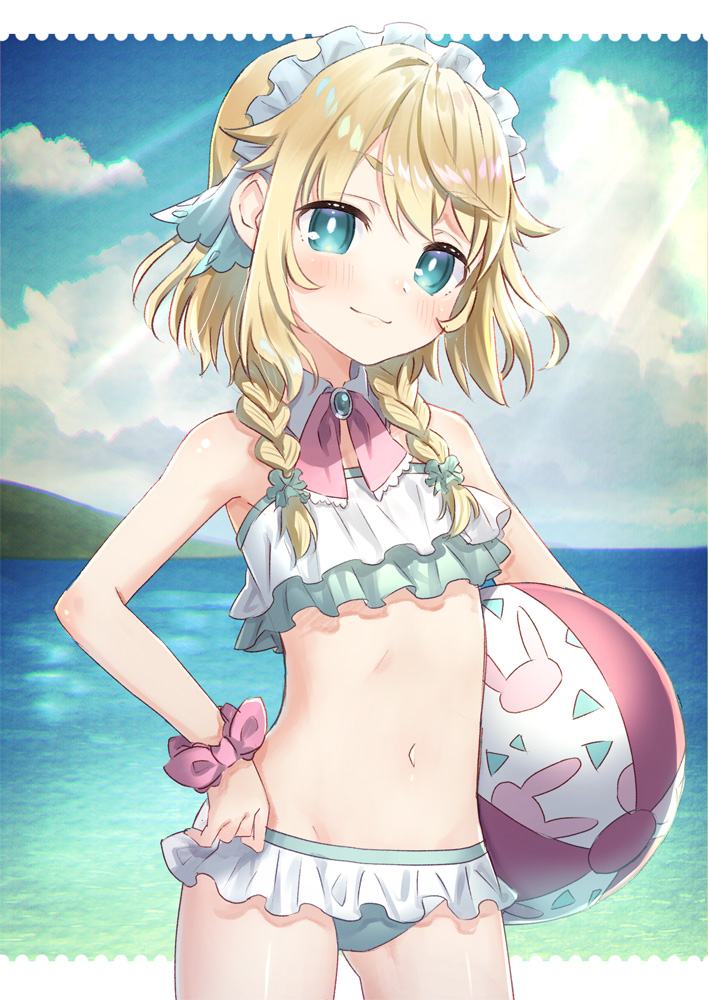 90kyuuri, aqua_bikini, aqua_eyes, aqua_scrunchie, ball, bare_arms, bare_shoulders, beachball