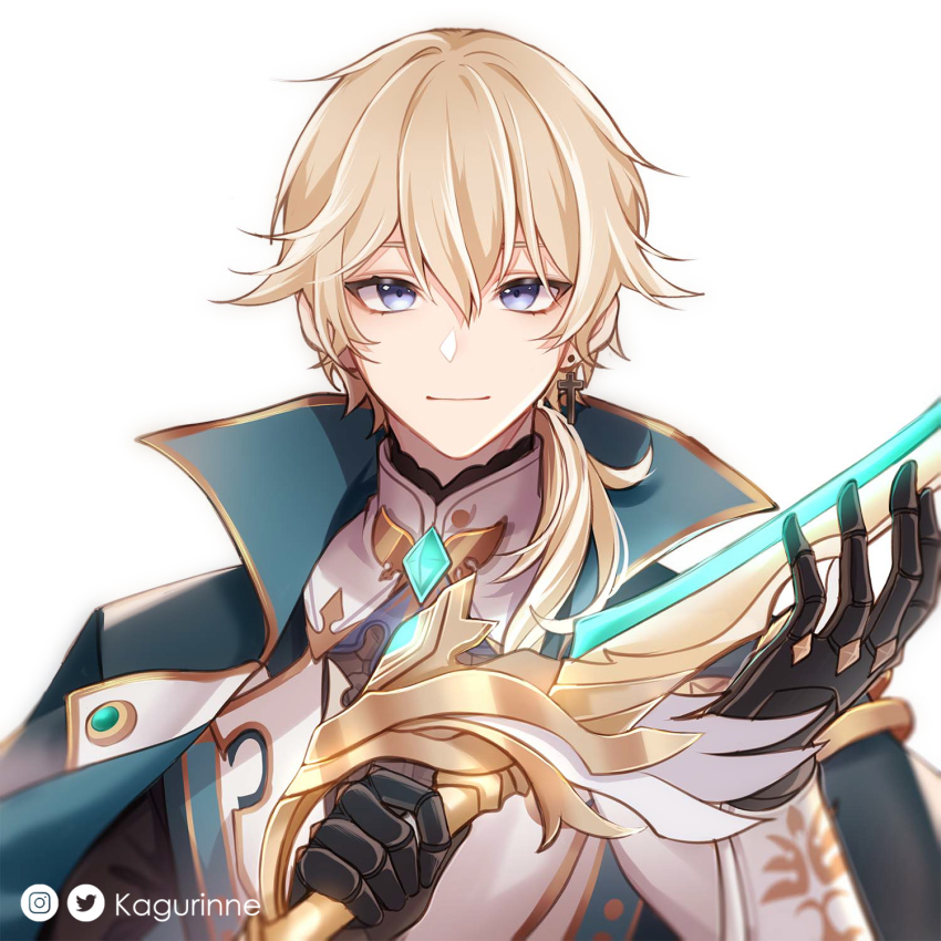 1boy, black_gloves, black_shirt, blonde_hair, blue_capelet, blue_eyes, brooch, capelet