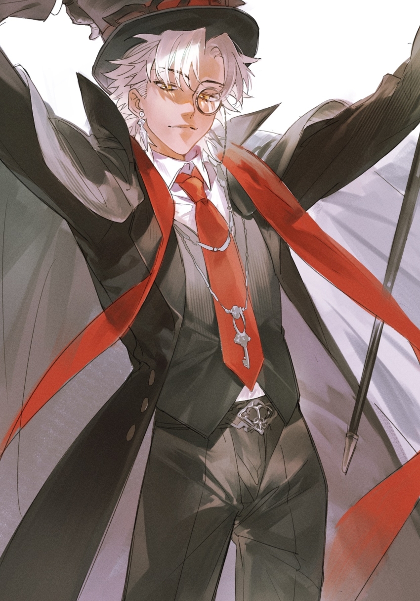 1boy, amakusa_shirou_(fate), amakusa_shirou_(phantom_thief)_(fate), arms_up, belt, bkhyl, black_belt, black_coat