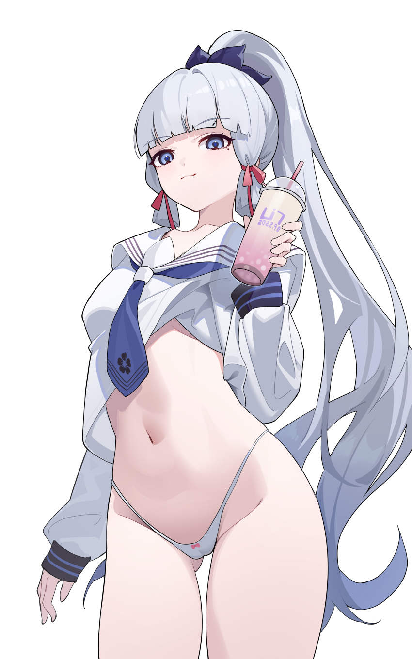 1girl, absurdres, alternate_costume, arm_at_side, ayaka_(genshin_impact), blue_eyes, blue_necktie, blunt_bangs, cameltoe, closed_mouth, clothes_lift, cowboy_shot, drink, drinking_straw, genshin_impact, gluteal_fold, hand_up, highleg, highleg_panties, highres, holding, holding_drink, kamisato_ayaka, kamisato_ayaka_(heytea), linnnp, long_hair, looking_at_viewer, mole, mole_under_eye, navel, necktie, panties, ponytail, sailor_collar, school_uniform, see-through_clothes, see-through_silhouette, serafuku, shirt_lift, simple_background, smile, solo, stomach, string_panties, thighs, underwear, very_long_hair, white_background, white_hair, white_panties, white_sailor_collar, white_serafuku