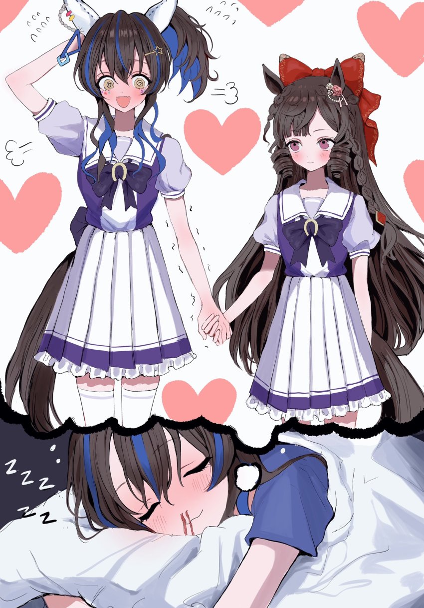 2girls, @_@, animal_ears, bad_id, bad_twitter_id, black_hair, blood, commentary_request