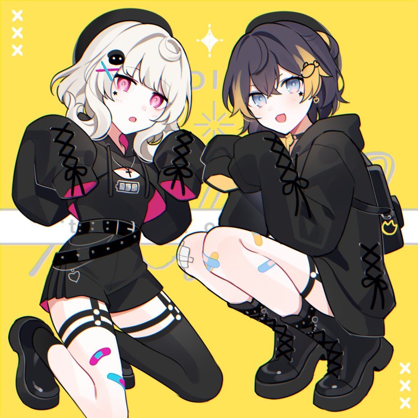 2girls, :3, :d, backpack, bag, battery_indicator, belt, beret