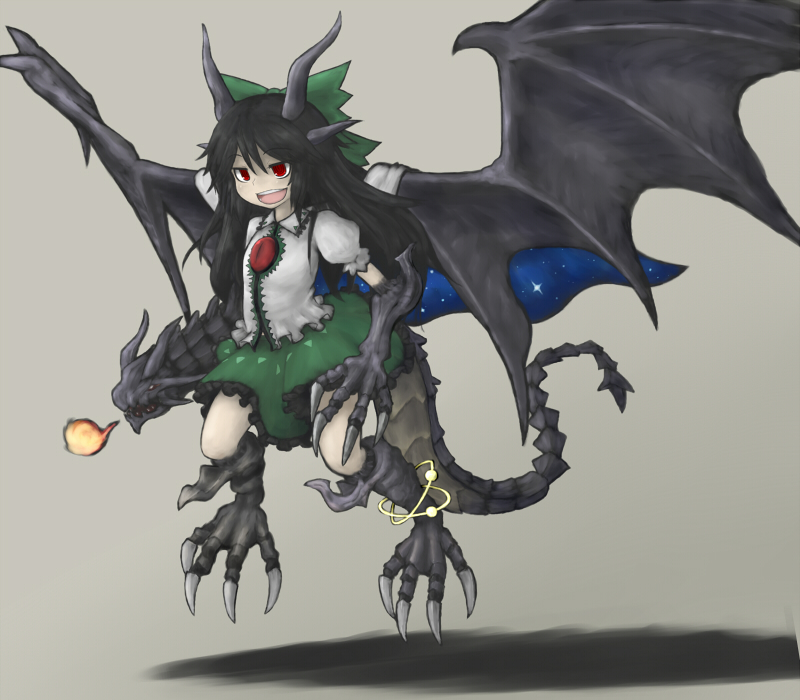 1girl, alternate_weapon, arm_cannon, bahamut_(final_fantasy), black_hair, bow, cape, crossover