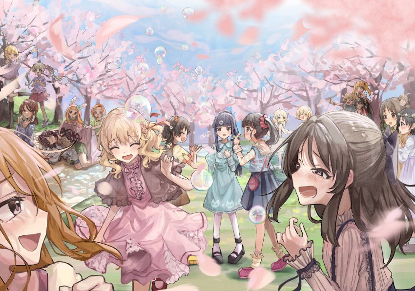 6+girls, ^_^, ^o^, absurdres, akagi_miria, blurry, blurry_foreground, bubble