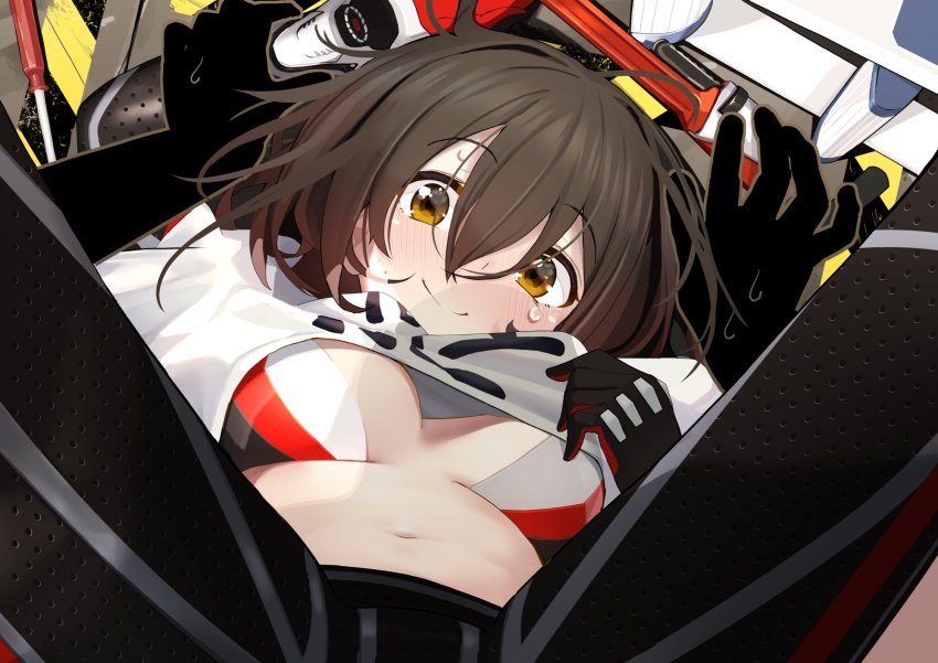 1girl, alternate_eye_color, android, blush, breasts, brown_eyes, brown_hair, highres