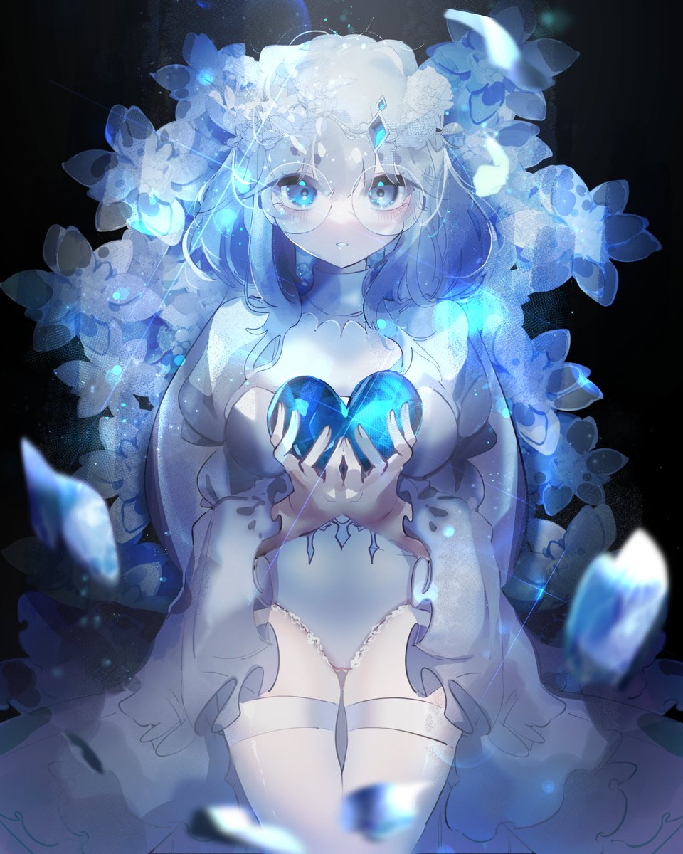 1girl, animal_ears, black_background, blue_eyes, blue_flower, commission, commissioner_upload, dress, flower, forfex, glasses, grey_eyes, heart, heterochromia, highres, indie_virtual_youtuber, rabbit_ears, rabbit_girl, skeb_commission, solo, thighhighs, usagi_mizuno, virtual_youtuber, white_dress, white_hair