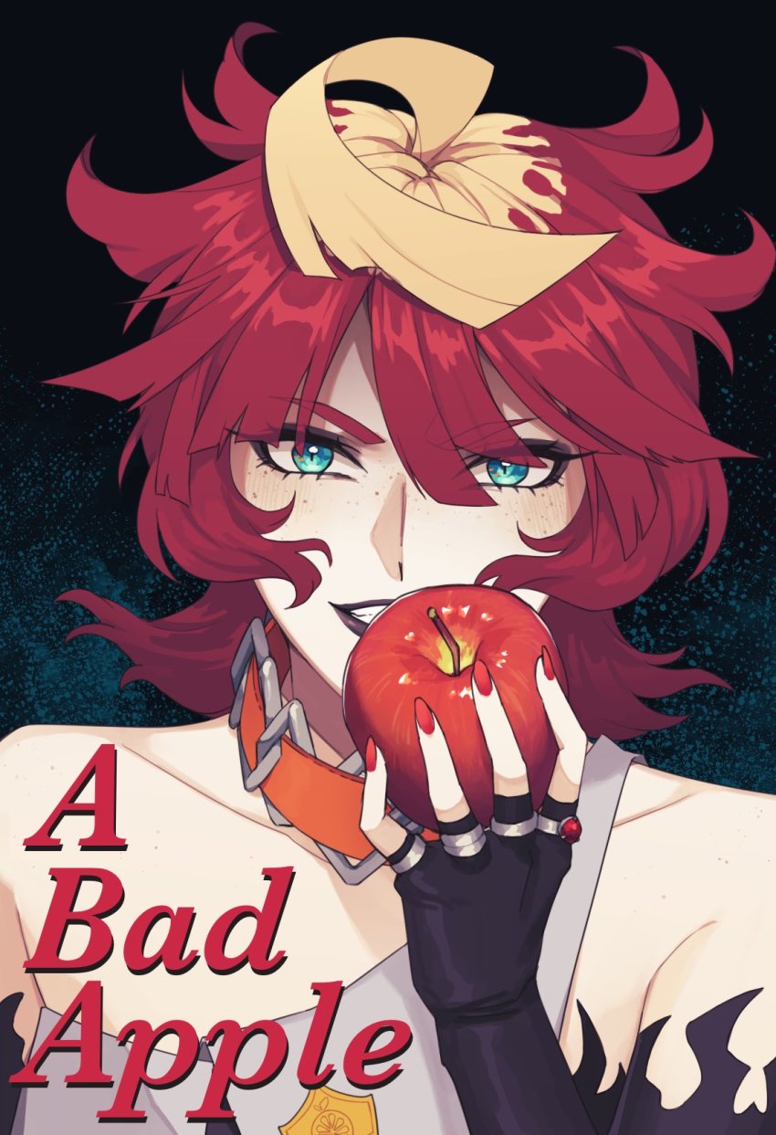 1girl, angel_(sunnyknights), apple, belt, black_lips, body_freckles, collar, fingerless_gloves, food, freckles, fruit, gloves, green_eyes, highres, mela_(pokemon), nintendo, off_shoulder, pokemon, pokemon_scarlet_and_violet, red_hair, short_hair, solo, strapless, team_star