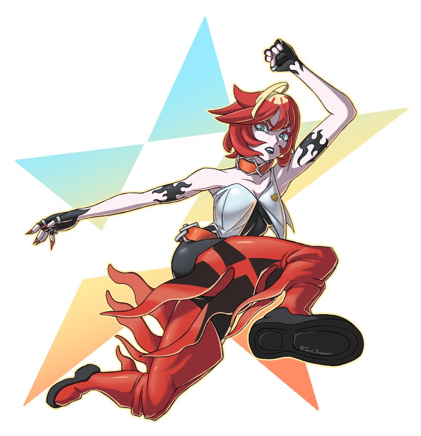 1girl, absurdres, belt, black_lips, boots, breasts, cleavage, collar, fingerless_gloves, freckles, gloves, green_eyes, highres, just_dreamo, loose_belt, mela_(pokemon), nintendo, off_shoulder, orange_belt, pokemon, pokemon_scarlet_and_violet, red_boots, red_hair, red_thighhighs, short_hair, solo, strapless, team_star, thigh_boots, thighhighs