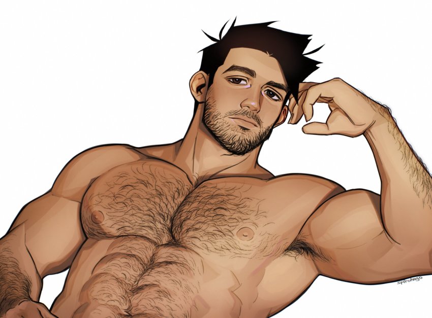 1boy, abs, arm_hair, armpit_hair, bara, black_hair, chest_hair, closed_mouth
