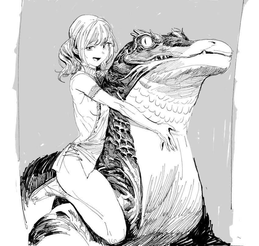 1girl, animal, armband, bare_shoulders, doodlezbd, fingernails, greyscale, hatching_(texture)