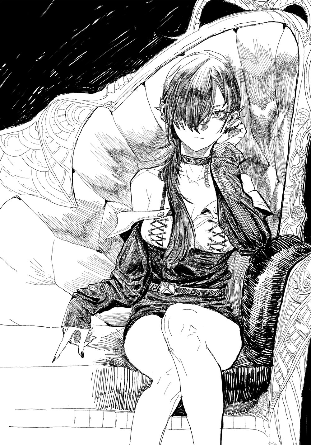 1girl, bare_shoulders, belt, breasts, chain, choker, cleavage, closed_mouth