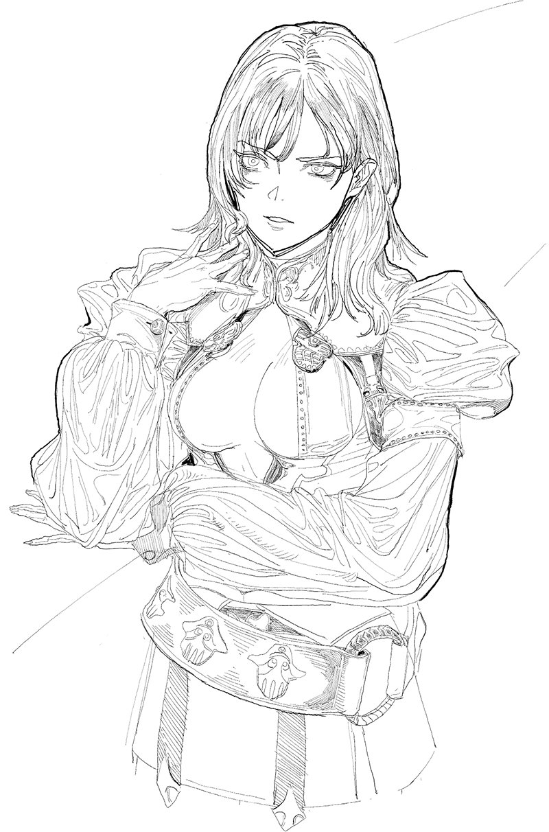 1girl, belt, doodlezbd, eyelashes, fingernails, greyscale, half-closed_eyes, hatching_(texture)