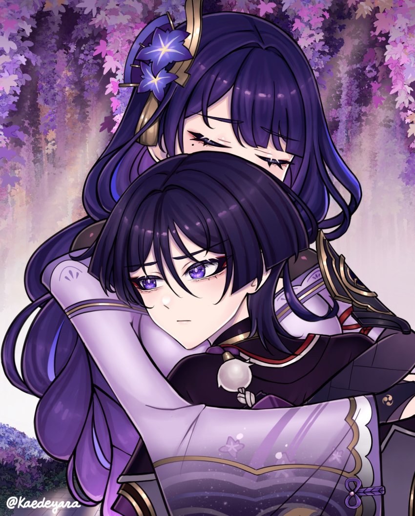 1boy, 1girl, :/, blunt_bangs, braid, bridal_gauntlets, closed_eyes, closed_mouth