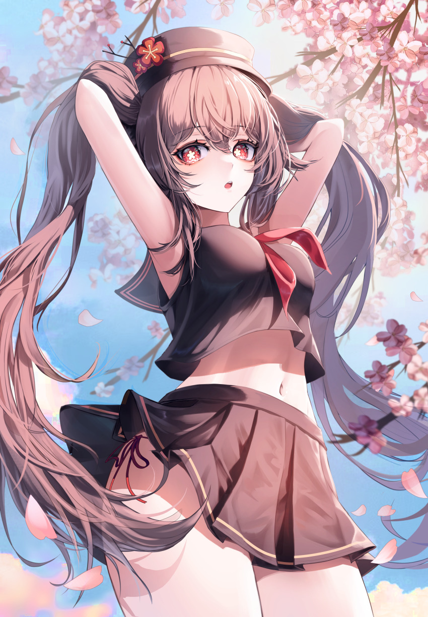 1girl, :o, absurdres, alternate_costume, armpits, arms_behind_head, arms_up, bare_arms, blush, breasts, brown_hair, brown_hat, brown_serafuku, brown_shirt, cherry_blossoms, clothes_lift, commentary, cowboy_shot, crop_top, day, english_commentary, erbium, falling_petals, flower, flower-shaped_pupils, genshin_impact, hat, hat_flower, highres, hu_tao_(genshin_impact), long_hair, looking_at_viewer, medium_breasts, midriff, miniskirt, navel, neckerchief, outdoors, panties, panty_straps, petals, pleated_skirt, plum_blossoms, red_eyes, red_neckerchief, red_panties, school_uniform, serafuku, shirt, side-tie_panties, skirt, skirt_lift, sleeveless, sleeveless_shirt, solo, stomach, string_panties, symbol-shaped_pupils, thighs, tree, twintails, underwear