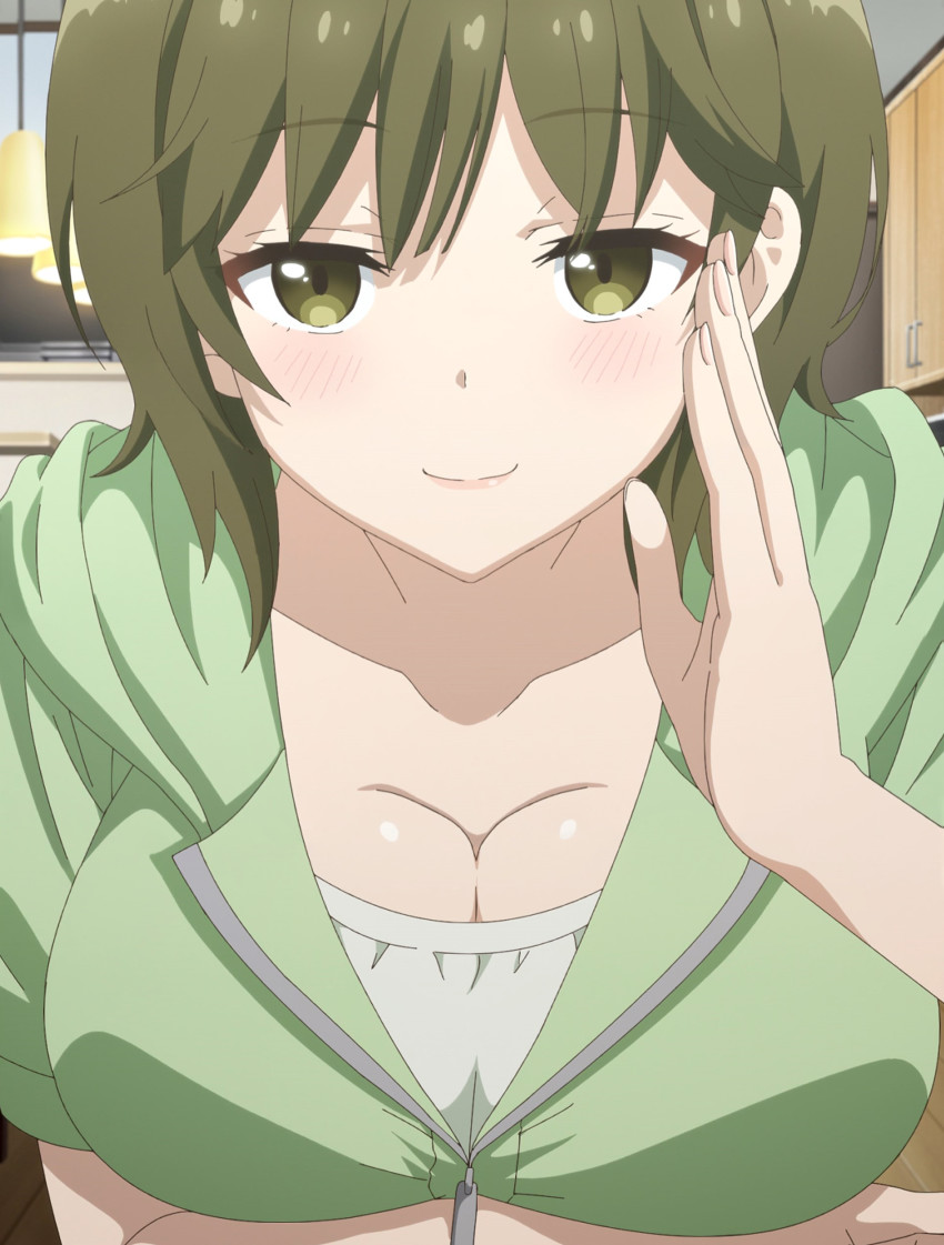 1girl, absurdres, anime_screenshot, arm_under_breasts, blush, breasts, cleavage, collarbone