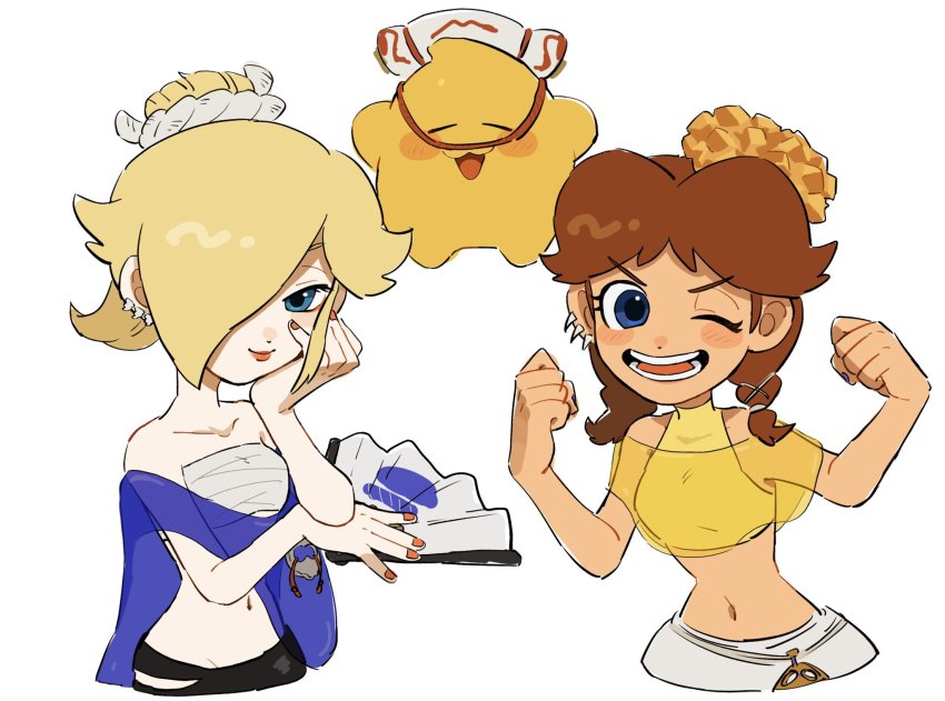 2girls, big_man_(splatoon), big_man_(splatoon)_(cosplay), blue_eyes, brown_hair, chest_sarashi, cosplay, daisy_(flower), earrings, flower, frye_(deep_cut_outfit)_(splatoon), frye_(splatoon), frye_(splatoon)_(cosplay), hair_over_one_eye, hand_fan, highres, holding, holding_fan, jewelry, luma_(mario), mario_(series), mimimim9999, multiple_girls, nail_polish, navel, nintendo, one_eye_closed, open_mouth, paper_fan, poncho, princess_daisy, red_nails, rosalina, sarashi, shiver_(deep_cut_outfit)_(splatoon), shiver_(splatoon), shiver_(splatoon)_(cosplay), smile, splatoon_(series), splatoon_3, super_mario_galaxy, super_mario_land, upper_body