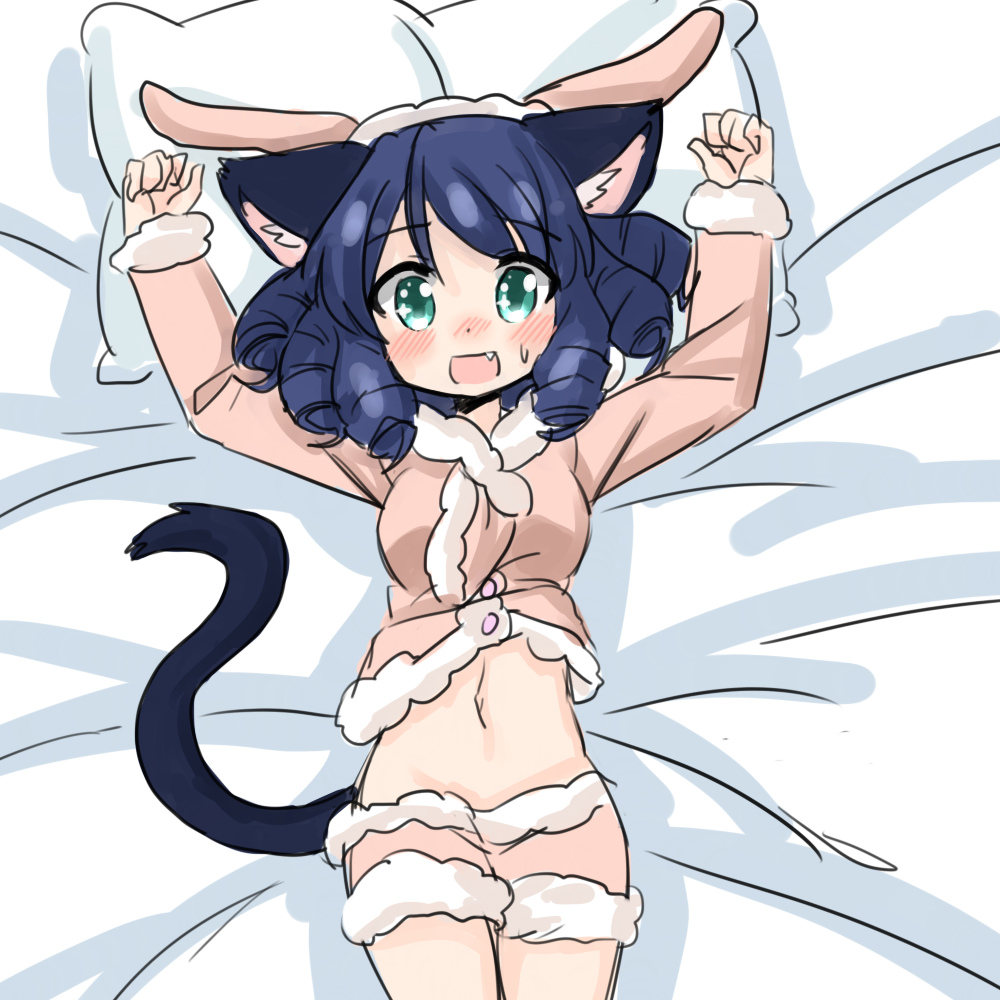 1girl, :d, animal_ears, animal_hood, aqua_eyes, arms_up, bed_sheet, blue_hair