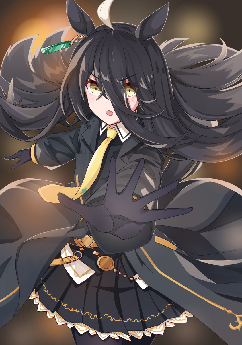 1girl, :o, absurdres, ahoge, animal_ears, belt, black_coat, black_gloves