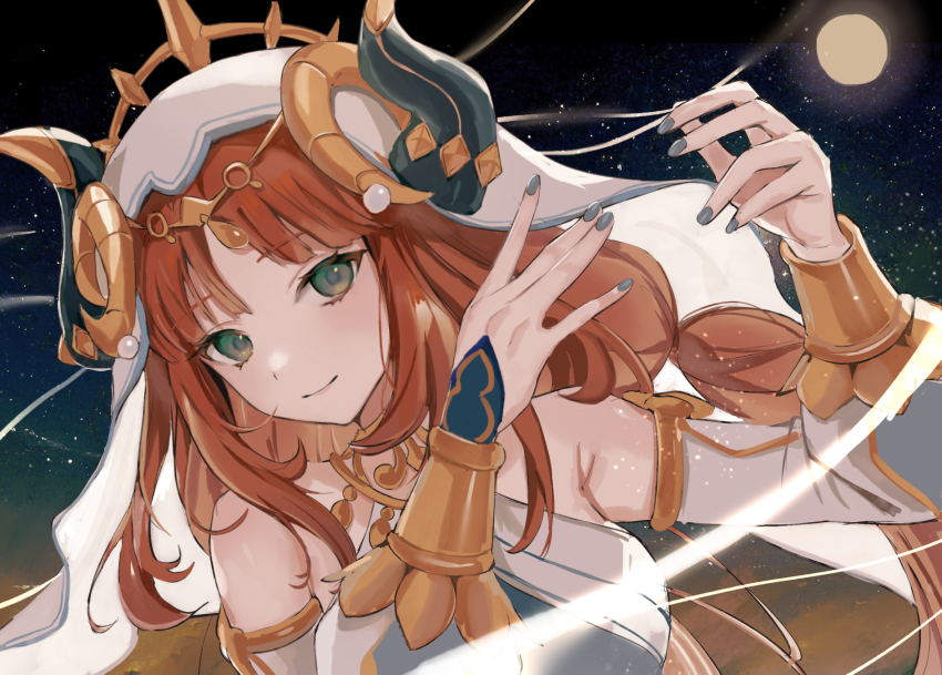 1girl, bare_shoulders, blue_nails, bracer, circlet, closed_mouth, detached_sleeves, forehead_jewel