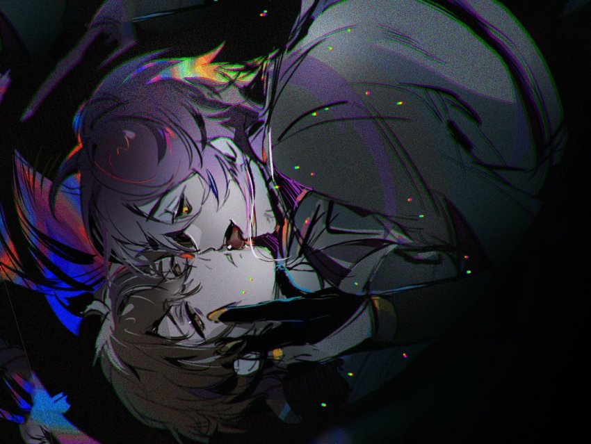 2boys, black_background, bpcc, brothers, eiden_(nu_carnival), face-to-face, incest, jewelry, licking, licking_another's_face, long_hair, male_focus, multiple_boys, nu_carnival, purple_hair, rin_(nu_carnival), siblings