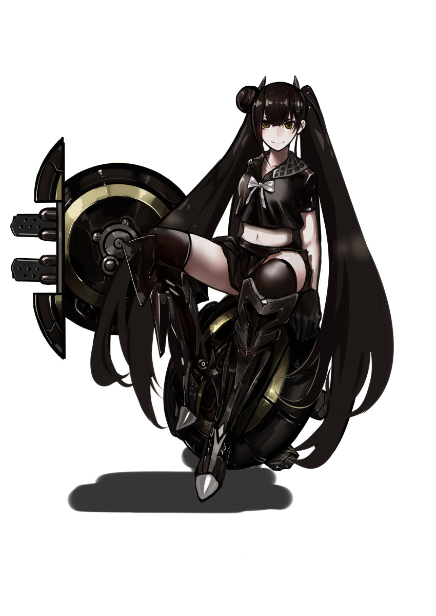 1559265249, 1girl, absurdly_long_hair, absurdres, black_hair, brown_eyes, crop_top, full_body, girls'_frontline, hair_bun, highres, long_hair, navel, ouroboros_(girls'_frontline), sailor_collar, sangvis_ferri, school_uniform, serafuku, short_sleeves, sitting, solo, thighhighs, twintails, very_long_hair