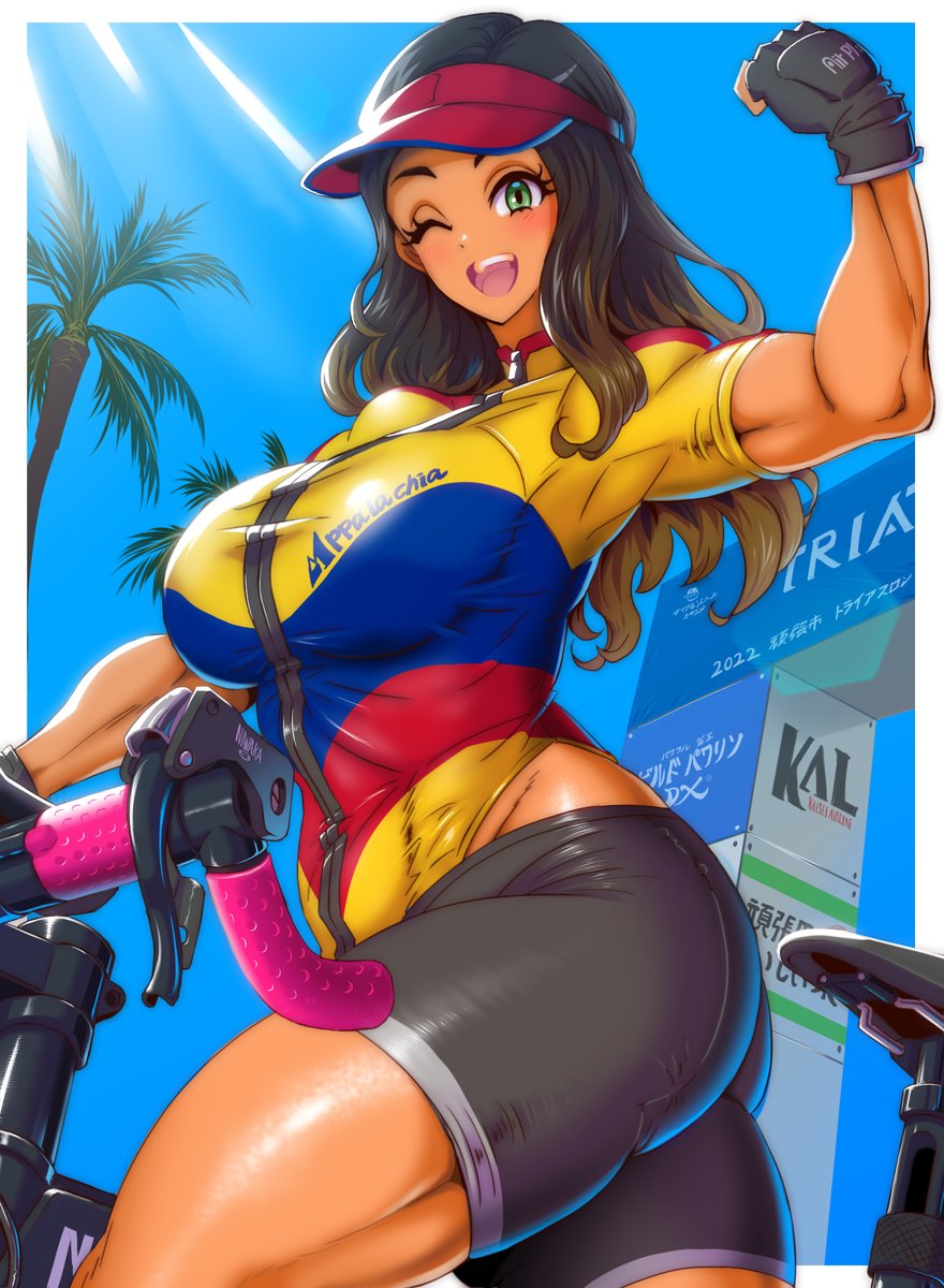 1girl, bicycle, bike_shorts, blue_sky, border, breasts, brown_hair, colombian_flag, dark-skinned_female, dark_skin, from_below, green_eyes, helmet, highres, jazz_kawa_sodom, jikkyou_powerful_pro_yakyuu, jikkyou_powerful_soccer, large_breasts, looking_at_viewer, medium_breasts, medium_hair, miranda_madera, muscular, muscular_female, official_alternate_costume, one_eye_closed, open_mouth, palm_tree, shirt, sidelocks, skin_tight, sky, solo, taut_clothes, taut_shirt, thick_thighs, thighs, toned, tree, white_border
