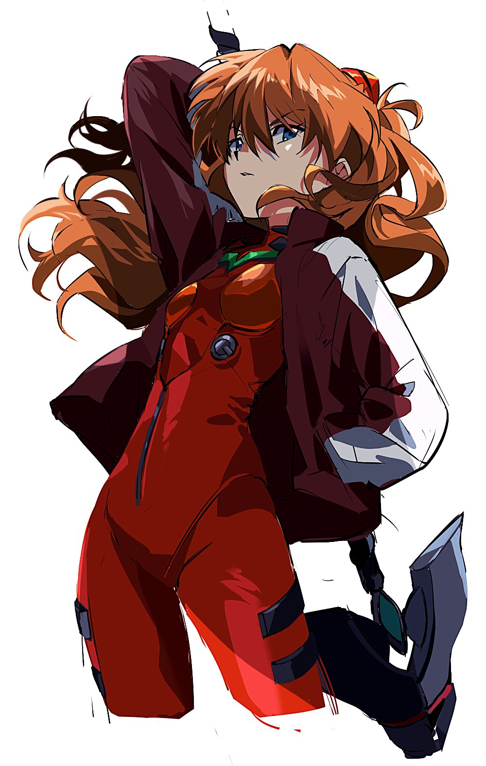 1girl, arm_behind_head, blue_eyes, bodysuit, breasts, cropped_legs, evangelion:_3.0_you_can_(not)_redo, hand_in_pocket, head_tilt, highres, holding, holding_weapon, iwatnc, jacket, long_hair, long_sleeves, mecha_pilot_suit, neon_genesis_evangelion, open_clothes, open_jacket, orange_hair, plugsuit_(evangelion), rebuild_of_evangelion, red_bodysuit, red_jacket, simple_background, solo, souryuu_asuka_langley, weapon, white_background